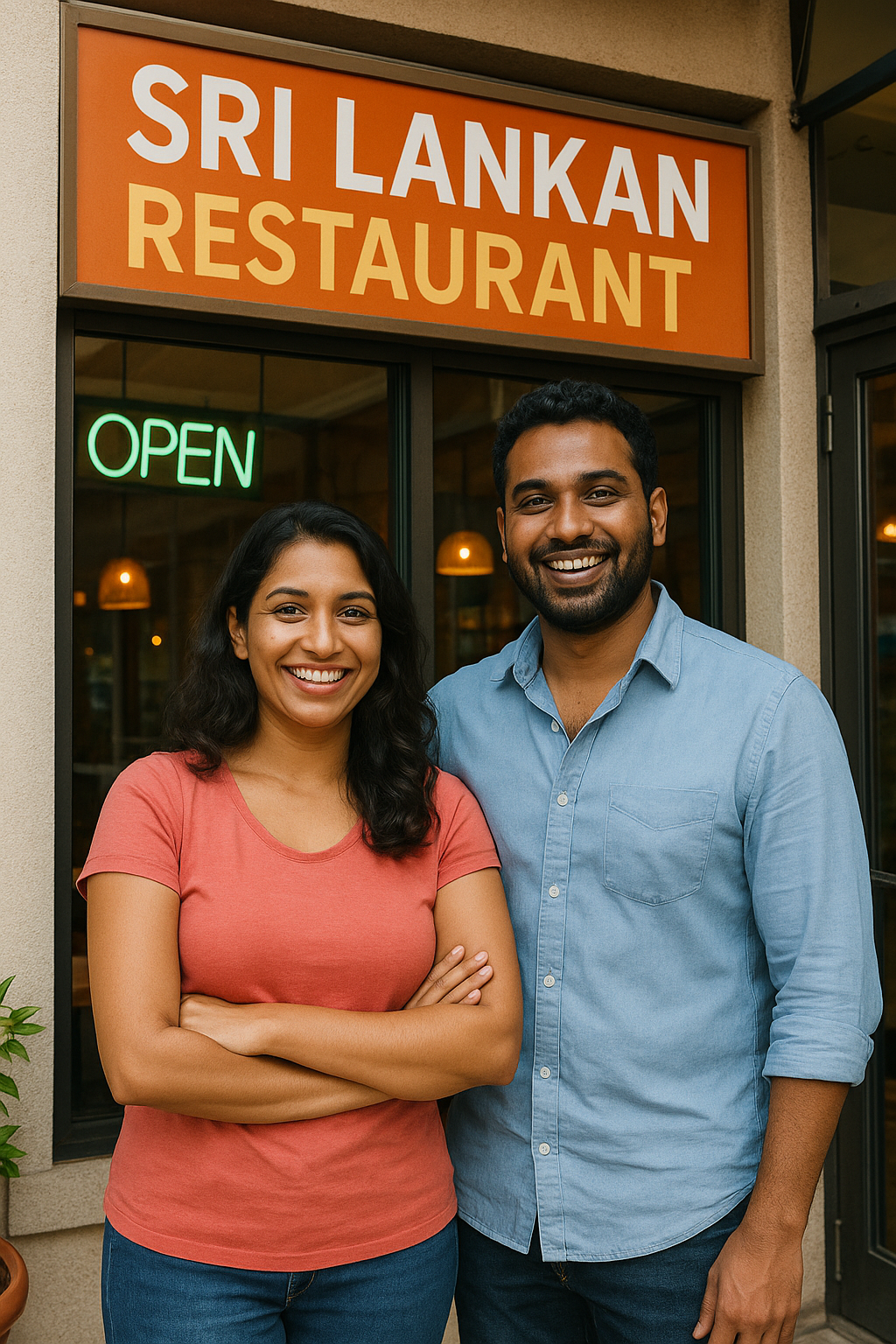 Sri lanken couple standing outside their business